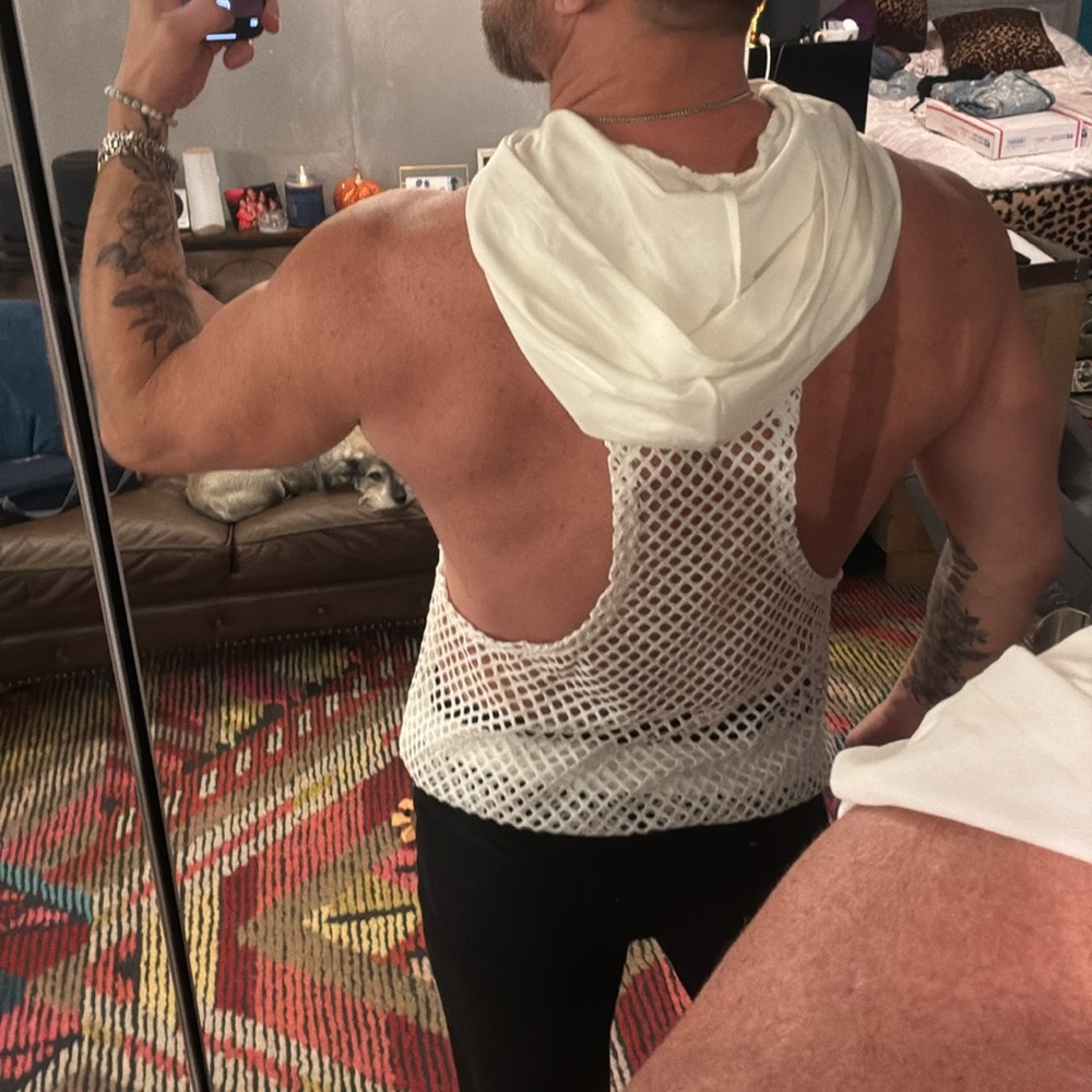 Sexy men’s sheer fishnet, white hooded tank top with pocket - Picture 2 of 9
